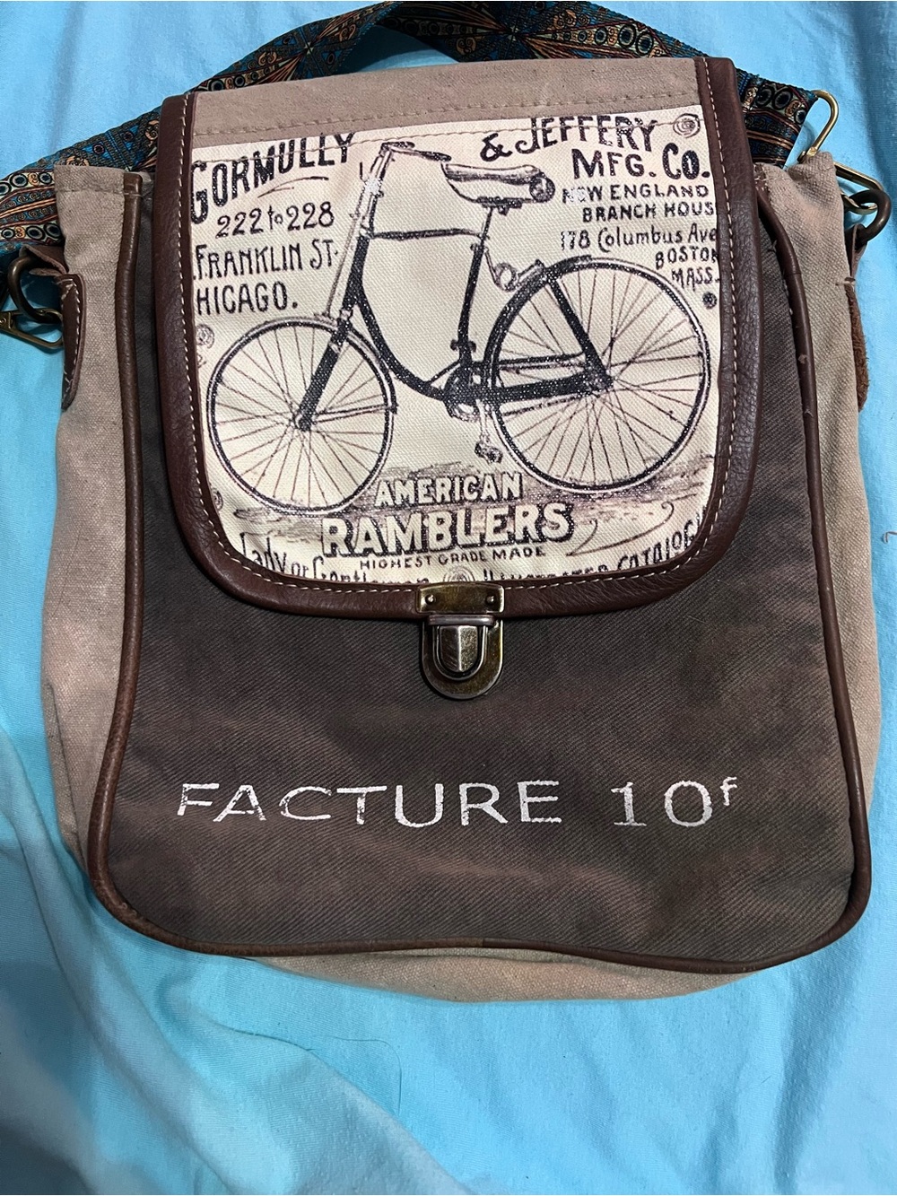 NWOT 98$ American rambler Brown Canvas Messenger Bag with Bicycle Print